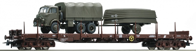 4 axle Flat car with military vehicles of Austrian Army<br /><a href='images/pictures/Roco/179206.jpg' target='_blank'>Full size image</a>